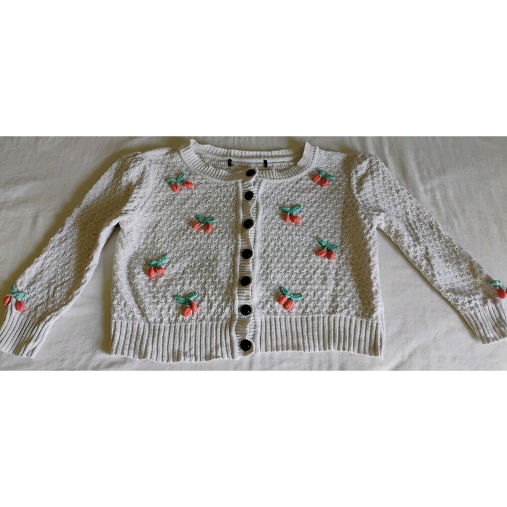 Women's Crochet Cherry Knit Cardigan Crop Cream Full Button Sz M VGC Adorable! - Picture 1 of 9